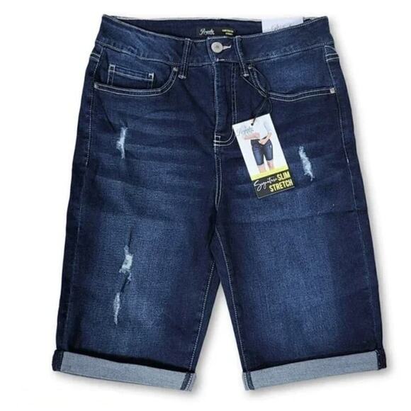 New Royalty High Rise Roll Cuff Destructed Denim Slim Bermuda Jean Shorts - Picture 3 of 6